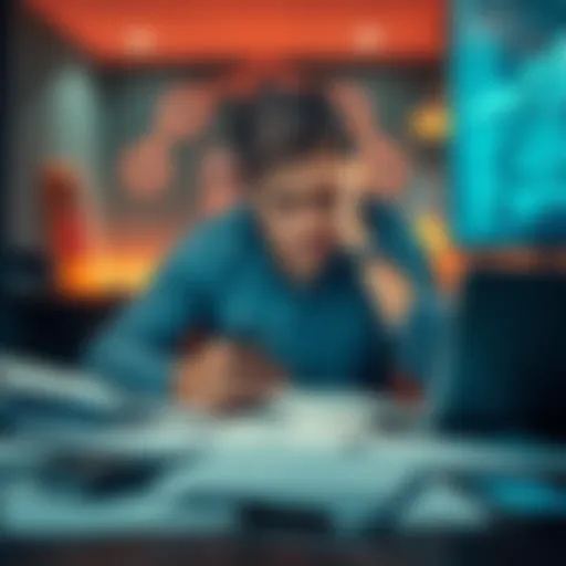 A frustrated customer sitting at a table with their phone and scattered documents, looking overwhelmed by confusing requests from support agents.