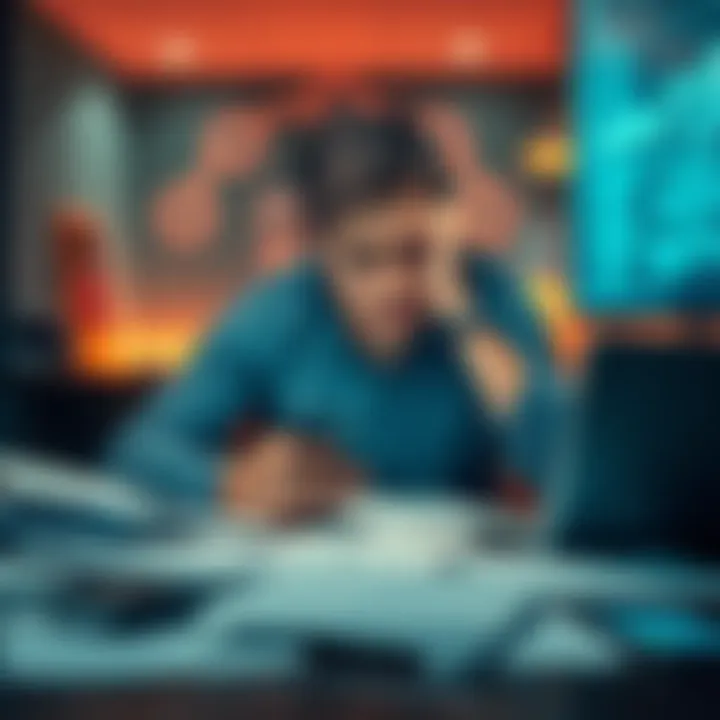A frustrated customer sitting at a table with their phone and scattered documents, looking overwhelmed by confusing requests from support agents.