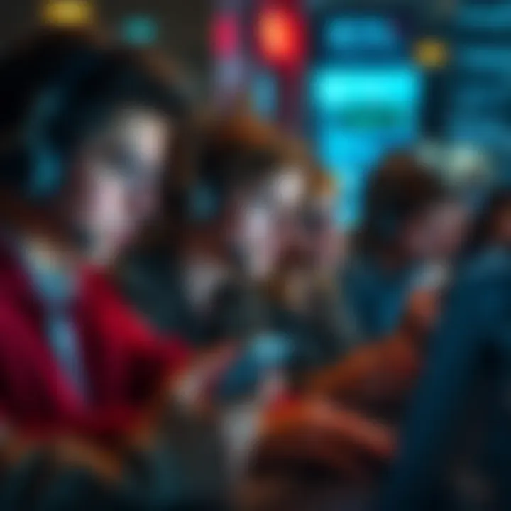 A group of people looking frustrated while using their phones and laptops, unable to get through to customer service on their screens