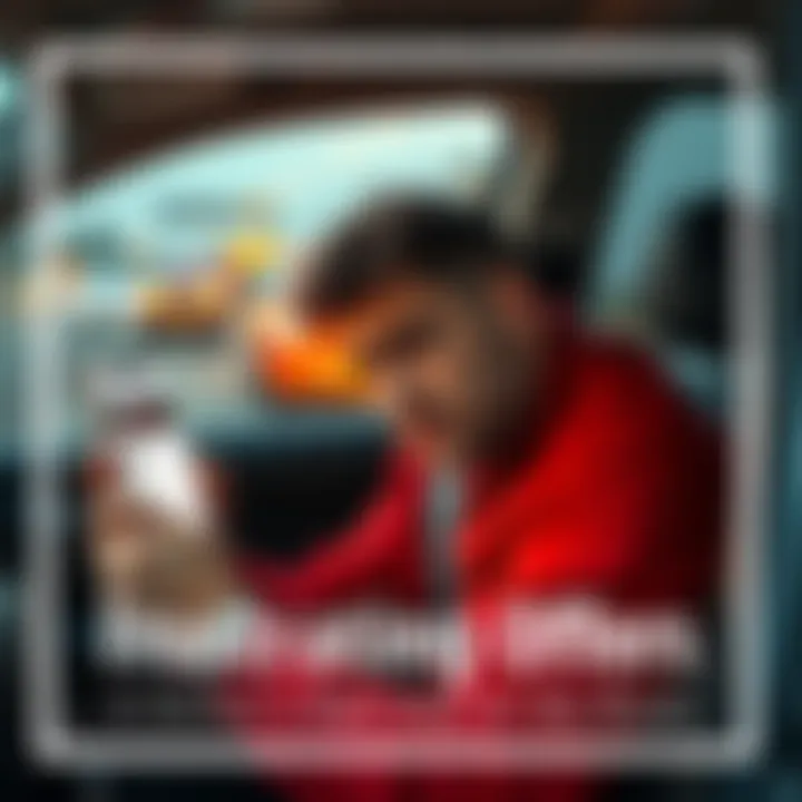A driver sits in their car with a frustrated expression, holding a phone displaying low offers for driving jobs. The background shows a busy road with traffic, emphasizing the stress of the situation.