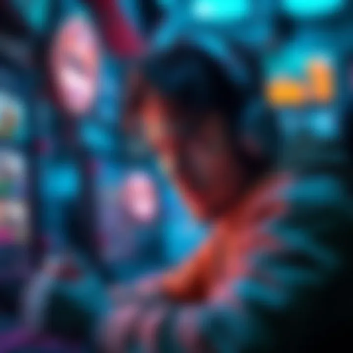 A person looks annoyed at their screen while playing a mini game filled with ads and lag. The surroundings show signs of frustration with cluttered game visuals.