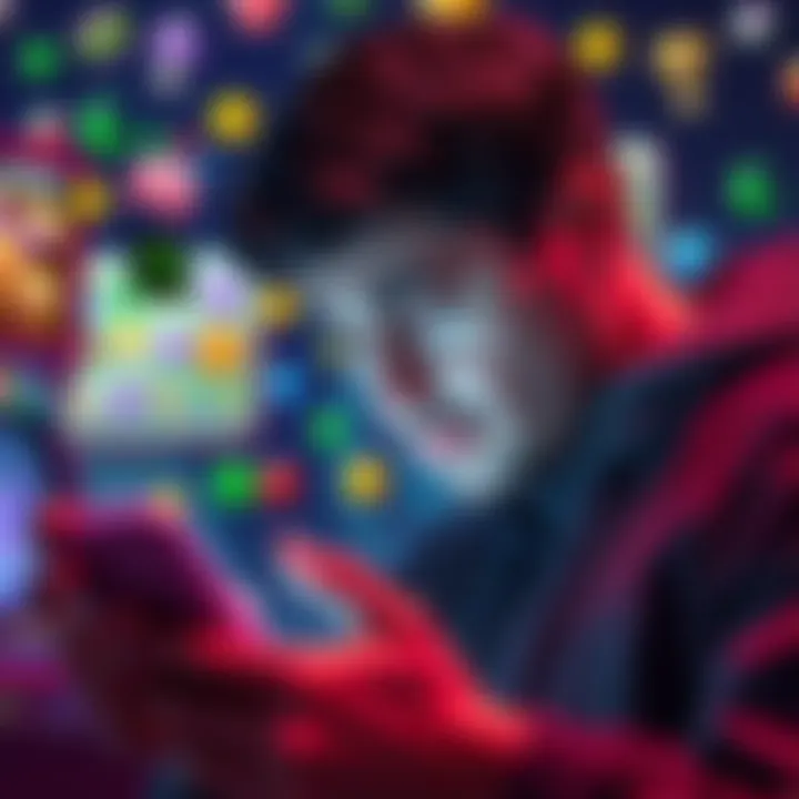 A person looking at a phone with a confused expression while waiting for shopping rewards and arcade game updates, surrounded by colorful game icons