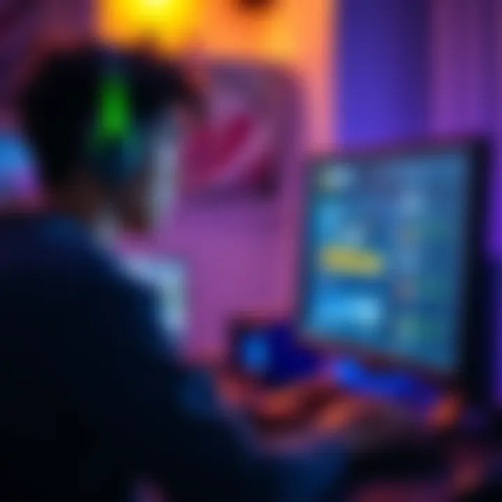 A gamer sits at a computer, displaying a game screen with delayed update notifications and community tools missing.