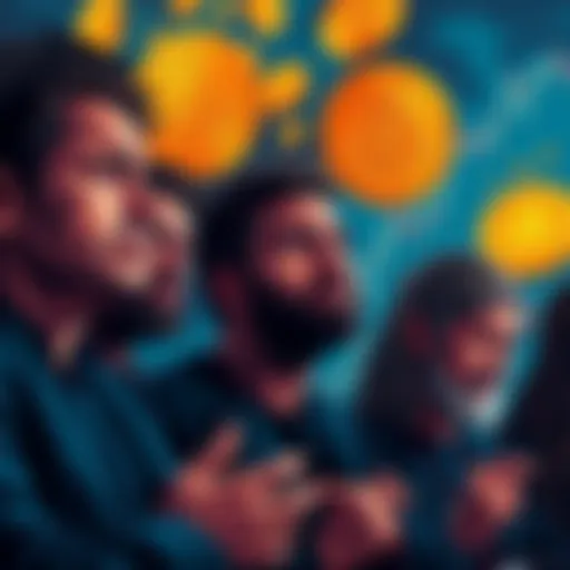 A group of people looking upset while discussing cryptocurrency losses, surrounded by Bitcoin symbols and charts