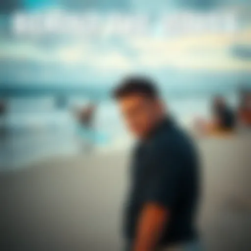 A man stands on the beach with a frustrated expression, watching others catch waves in the distance. He feels left out of the fun and excitement.