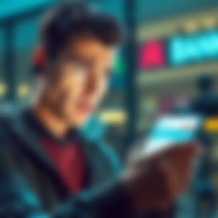 A person looking concerned while checking their bank account on a smartphone, showing a balance with pending transactions