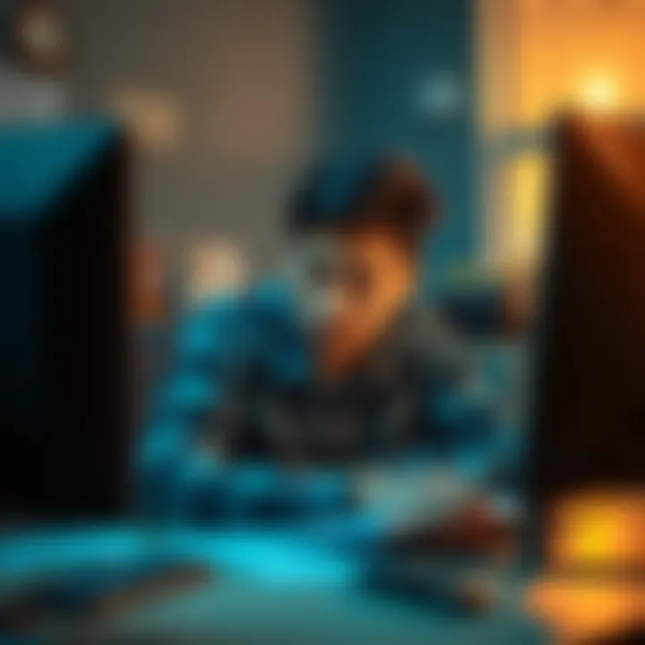 A person with a worried expression sitting in front of a computer, surrounded by papers and a phone, showing concern over account issues