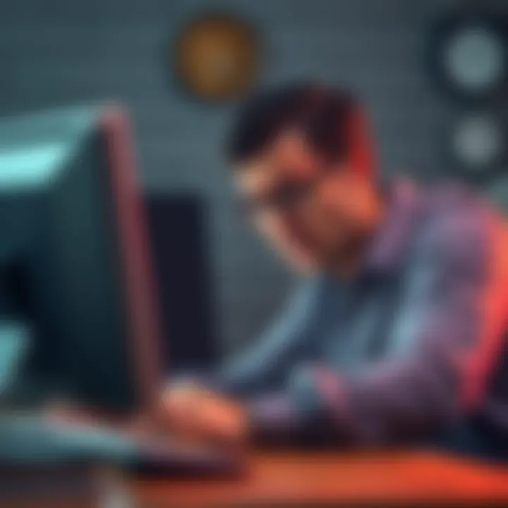 A person looks stressed and frustrated while working on a survey at their computer. Visible expressions of annoyance and a clock showing the passing time.