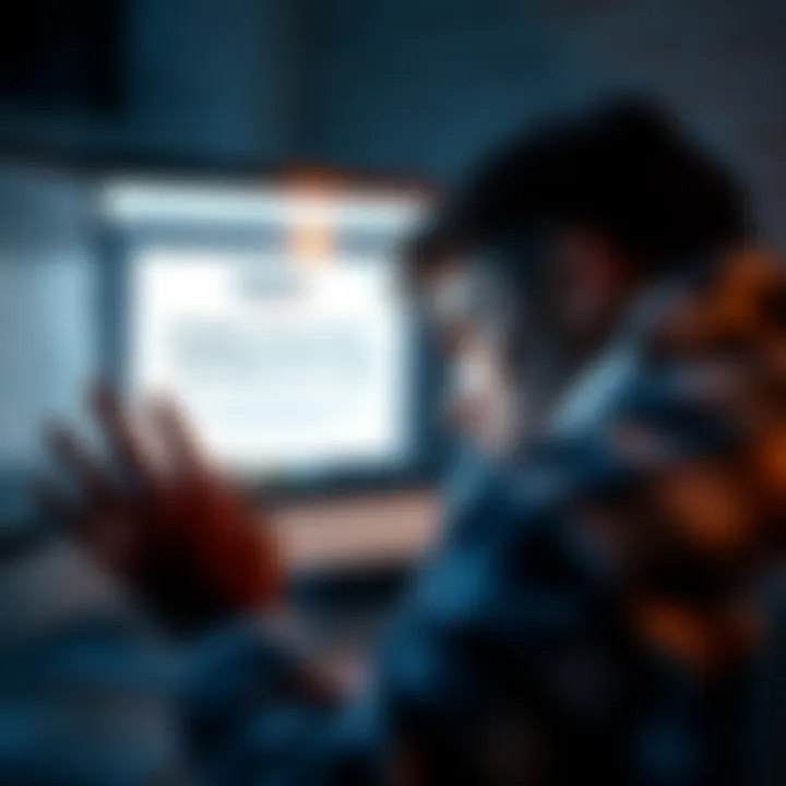 A person with a frustrated expression staring at a computer screen, showing a message about a frozen deposit