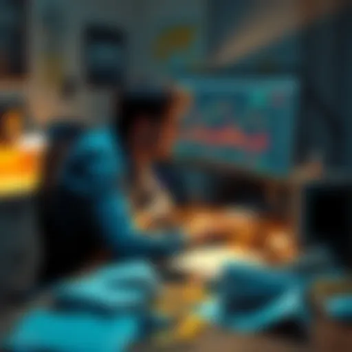 A person sits at a desk, looking frustrated while staring at a computer screen displaying cryptocurrency charts. Papers and coins scatter around, showing signs of doubt in crypto investments.