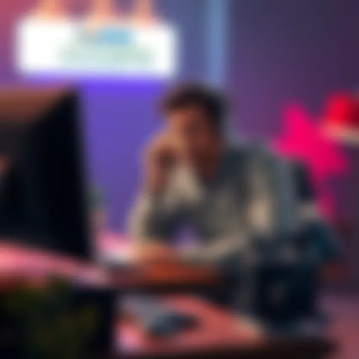 A frustrated individual sitting at a desk holding a phone to their ear, looking concerned, while a computer screen displays a suspended account notice.