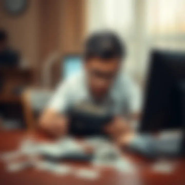 A frustrated individual sitting at a table, looking at an empty wallet with bills scattered around, holding their head in despair. Background shows a computer with a support chat window open.