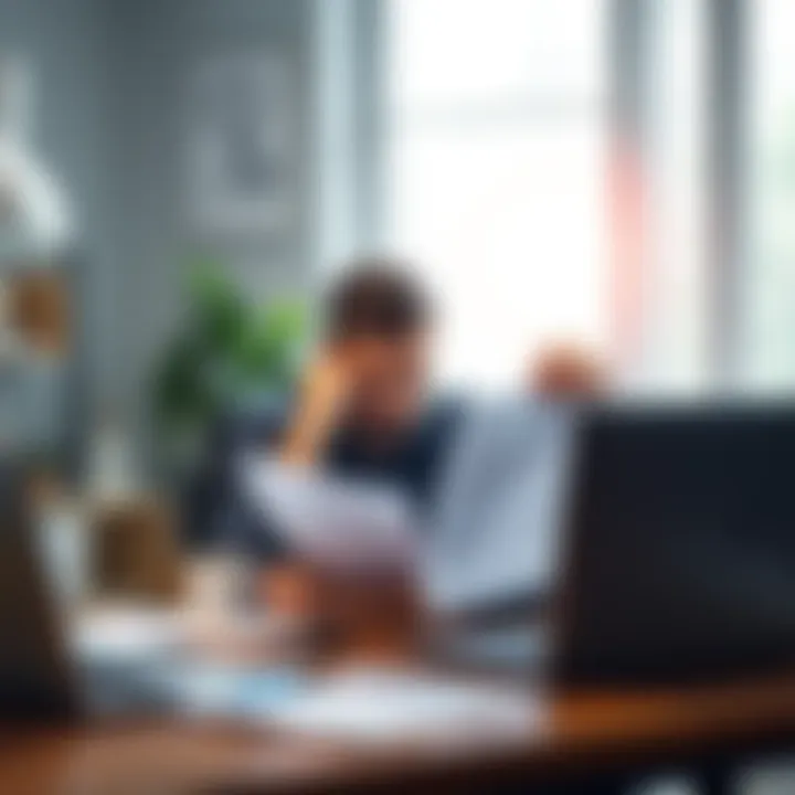 A person sits at a desk, looking frustrated while holding documents related to account closure and dormancy fees, surrounded by a laptop and a coffee cup