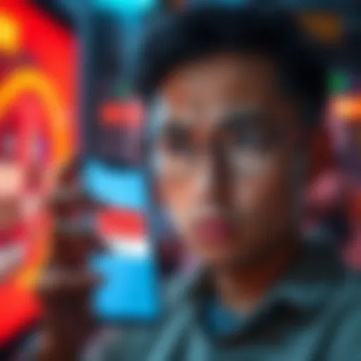 A person with a worried expression staring at their smartphone, showing a blocked USDC transaction on the screen