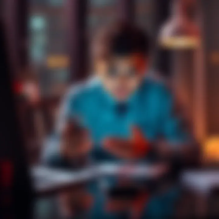 A frustrated person sitting at a desk looking at their smartphone, representing challenges in opening a Revolut account in Germany