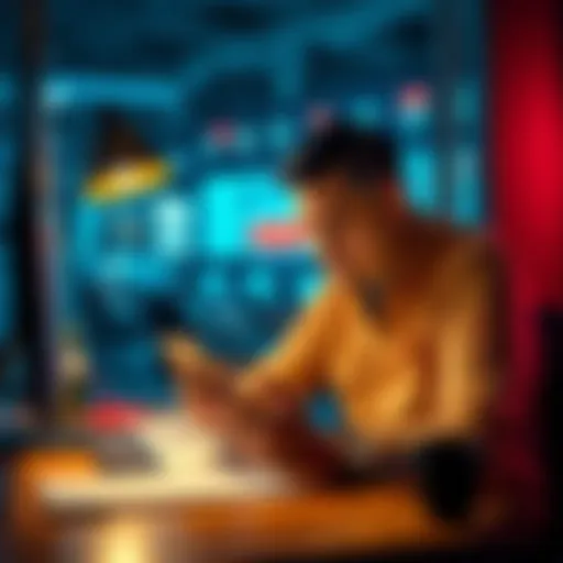 A person sitting at a desk, looking frustrated while checking their phone, dealing with TIN verification issues on an app