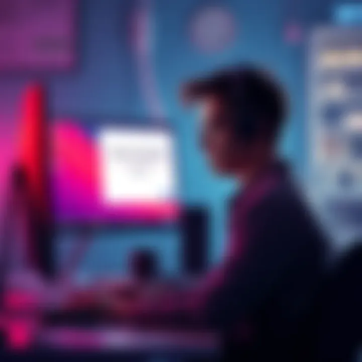 A person sitting at a computer looking upset while waiting for account support, with a message on the screen indicating account suspension