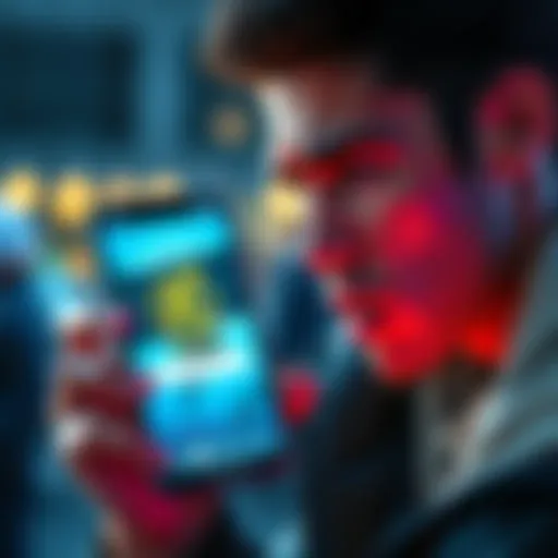 A person looking frustrated at their phone showing the Atlas Earth app with a loading screen and ads on display