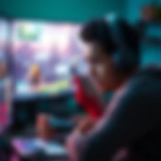 A gamer showing frustration while waiting for a mini game to load on a screen, surrounded by gaming accessories.