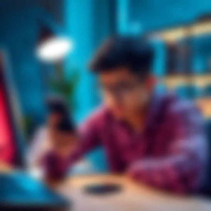 A person sitting at a desk, looking frustrated while holding a smartphone displaying the Revolut app, with blocked account messages on the screen.