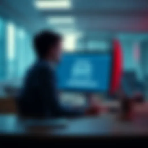 A frustrated person sitting at a desk, looking at a computer screen showing a survey with a 'screened out' message
