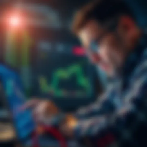 A person looking at a Bitcoin price chart on a laptop with a frustrated expression