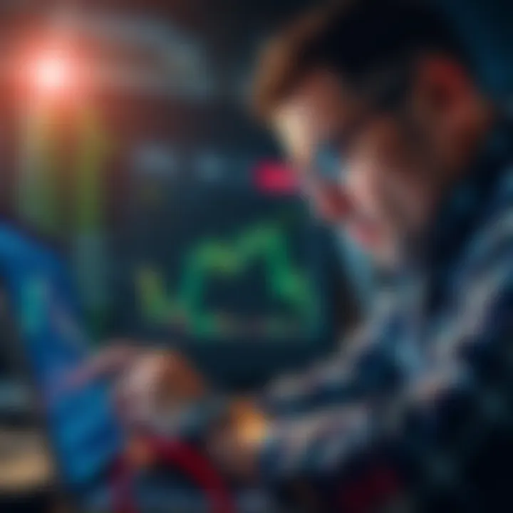 A person looking at a Bitcoin price chart on a laptop with a frustrated expression