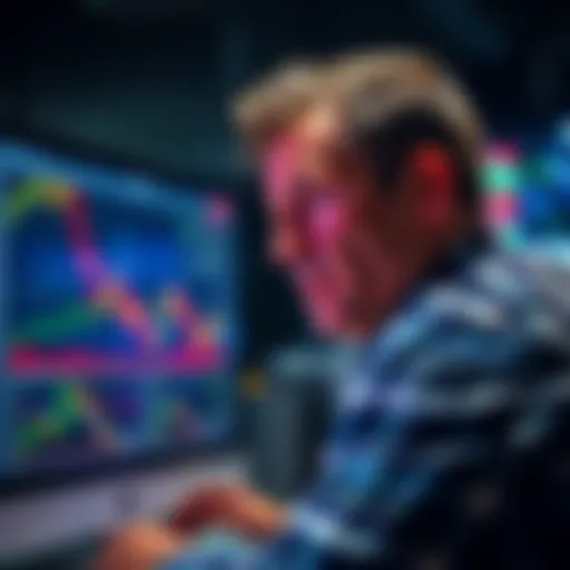 A trader with a frustrated expression, staring at a computer screen filled with stock charts and graphs, symbolizing disappointment in trading results.