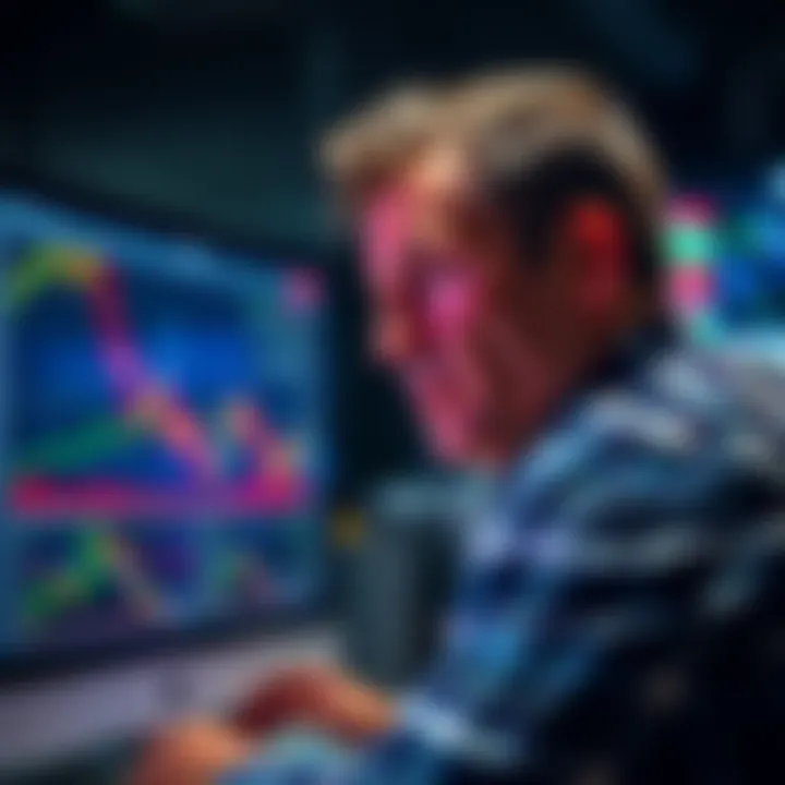A trader with a frustrated expression, staring at a computer screen filled with stock charts and graphs, symbolizing disappointment in trading results.