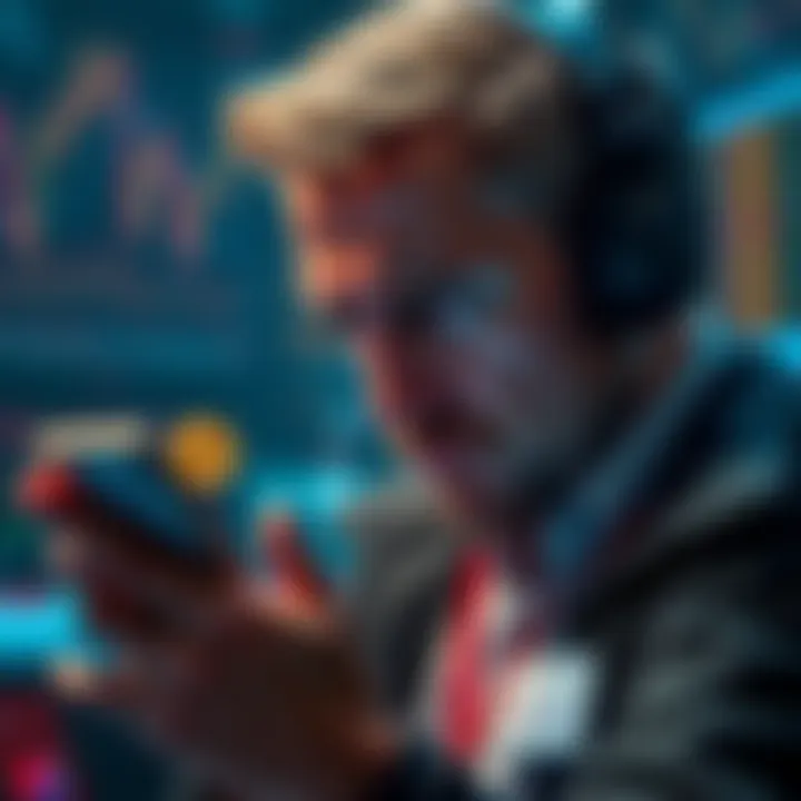 A trader looking at a phone with late price alerts from Kraken, showing frustration with trading decisions.