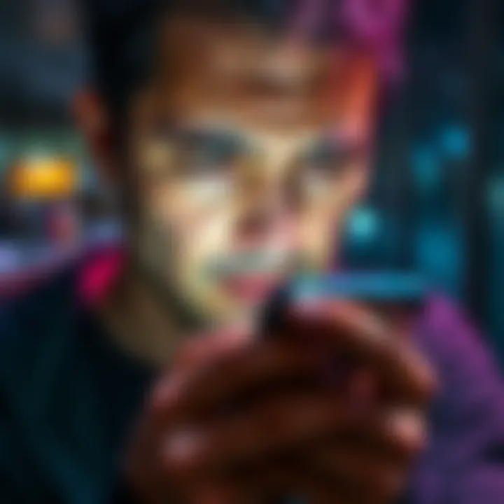 A person looking at their smartphone screen displaying an ad that won't close, showing signs of frustration.