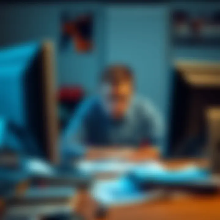 A person looking upset while using a computer, showing dissatisfaction with a platform, amid horse racing analysis documents on the desk.