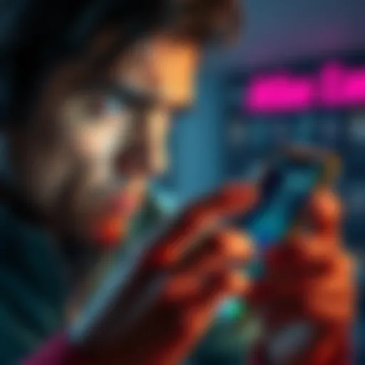 A person showing frustration while staring at a smartphone displaying a loading screen for the Atlas Earth app
