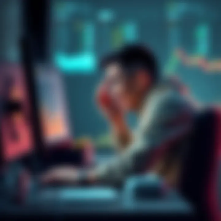 A frustrated individual sitting at a computer looking at a trading platform, expressing concern over missing funds