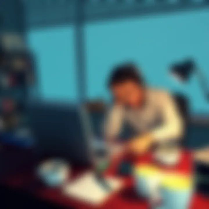 A person sitting at a desk with a laptop, looking frustrated while trying to contact Gemini customer service, surrounded by empty coffee cups and a notepad filled with notes.