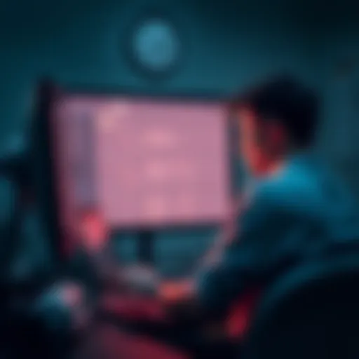 A frustrated person sitting at a computer, staring at a long survey on the screen, with a clock showing the passage of time