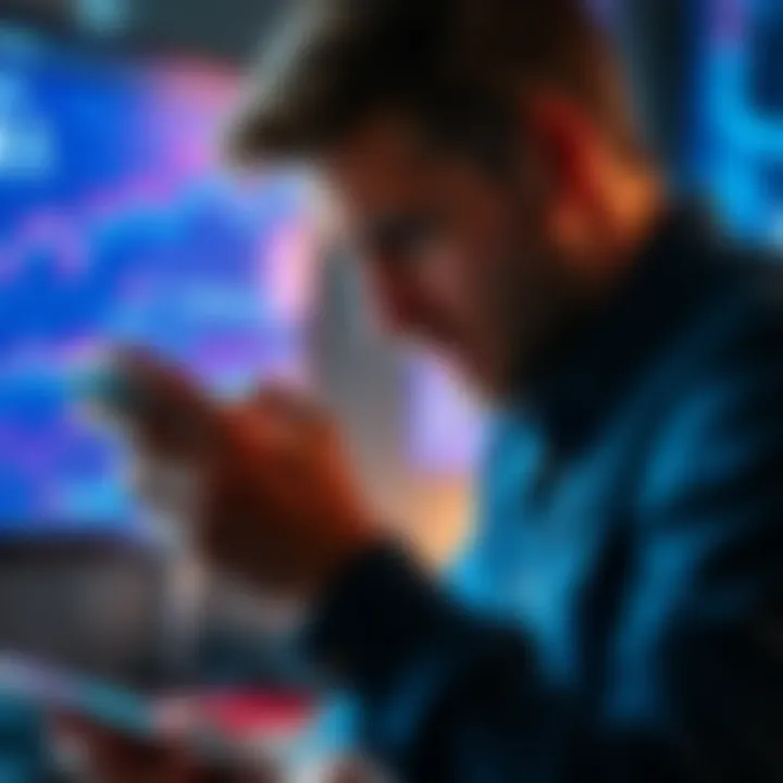 A person looking frustrated while using a mobile application, with charts and analytics on the screen showing low engagement.