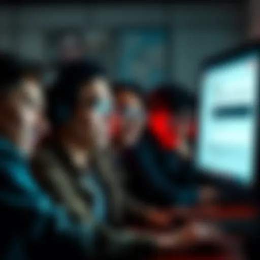 A group of people looking frustrated while waiting for comment approval on a forum, with one person looking at a computer screen displaying a comment section.