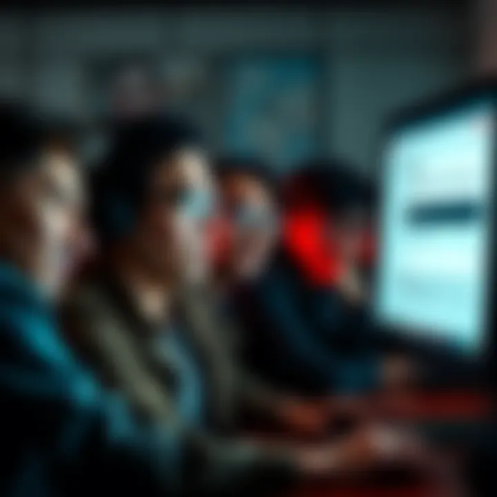 A group of people looking frustrated while waiting for comment approval on a forum, with one person looking at a computer screen displaying a comment section.