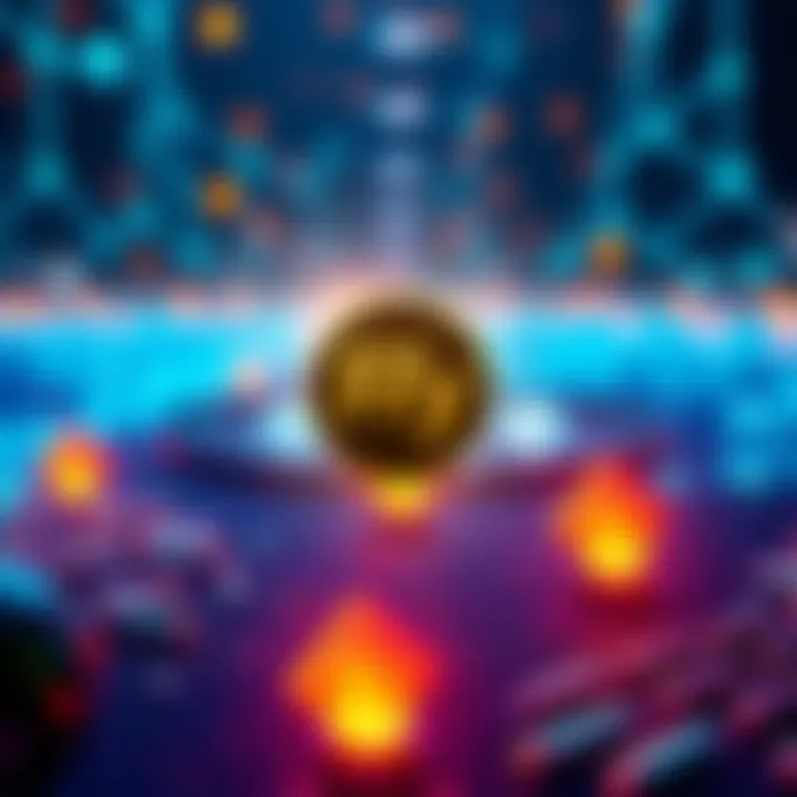 Graphic showing Fry Networks logo with a background of Algorand's blockchain visuals and symbols representing yield farming and staking rewards