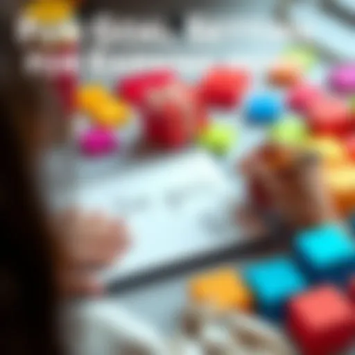 A person writing down fun goals on a notepad with a smile, surrounded by colorful squares representing purchases, symbolizing a playful approach to earning money.
