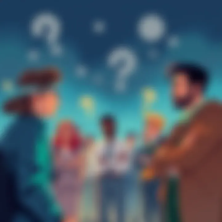 Illustration of people discussing fund distribution issues, showing a mix of concern and skepticism