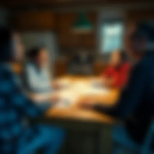 A family discussing retirement plans at a kitchen table with financial documents spread out
