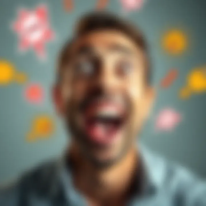 A person with a big smile making a silly noise with their mouth, surrounded by playful cartoon sound effects.