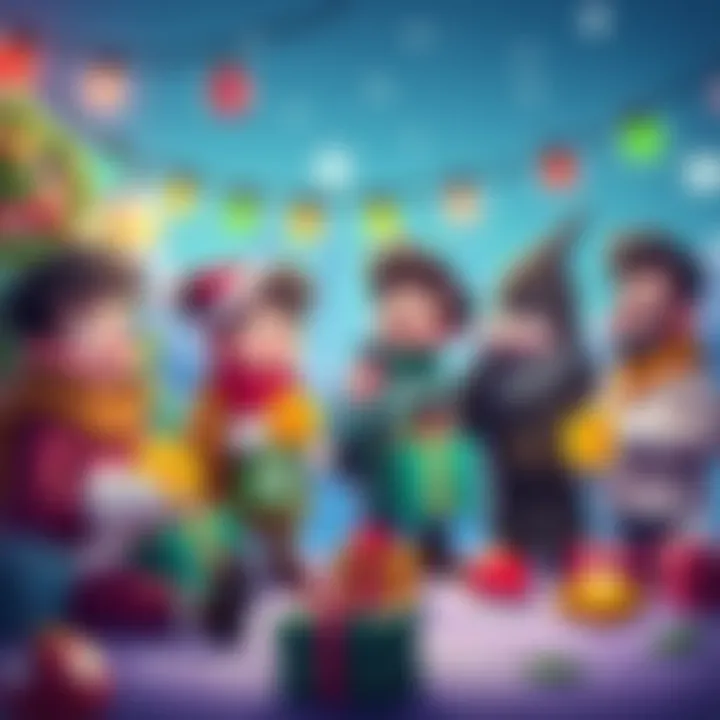 A festive scene with cartoon characters sharing their funny crypto moments while holding Bitcoin and Ledger devices, decorated with holiday lights and ornaments.