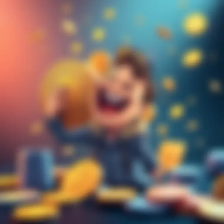 A cartoon character laughing while holding a giant Bitcoin with various crypto coins around them