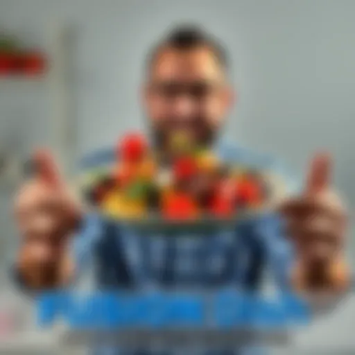 A man holding a colorful plate with an unusual fusion dish that combines unexpected ingredients, leaving people amused and curious.
