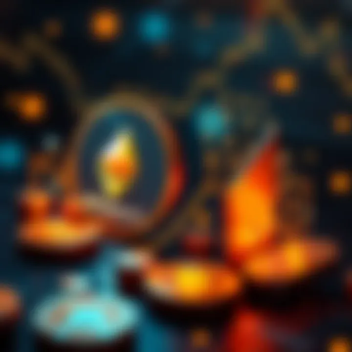 A digital representation showing Ethereum and Solana logos with various blockchain icons around them, symbolizing competition in decentralized finance.