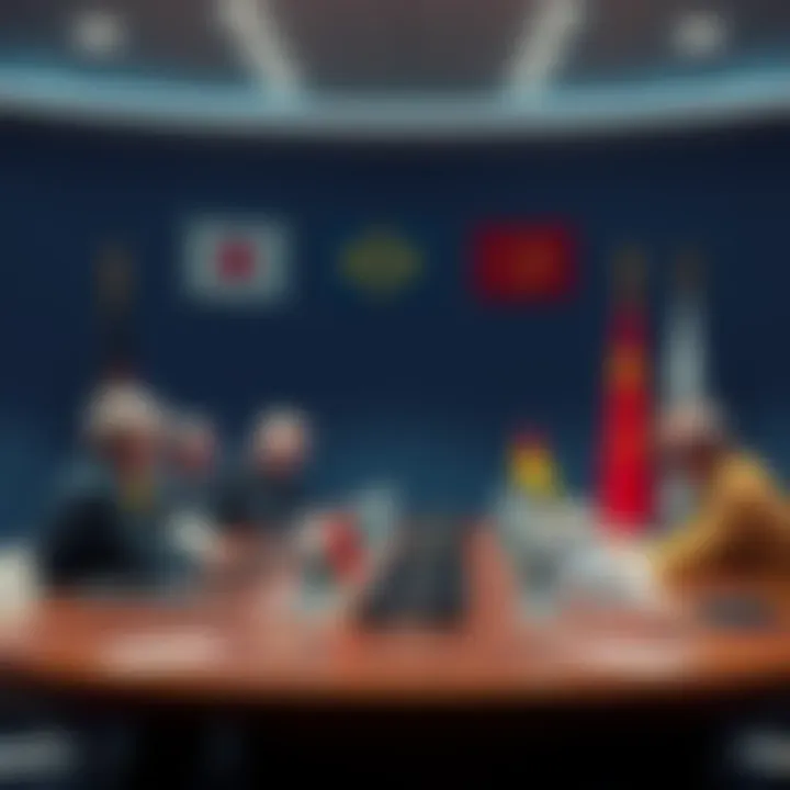 Leaders discussing emergency oil reserve release at a summit table, with flags in the background