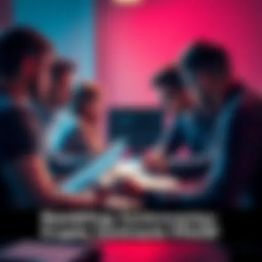People discussing a gambling contract linked to cryptocurrency, with legal documents and a computer in the background